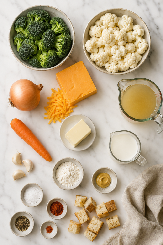 Fresh broccoli, cauliflower, cheddar, cream, broth, vegetables, seasonings, and bread arranged for broccoli cauliflower cheese soup.