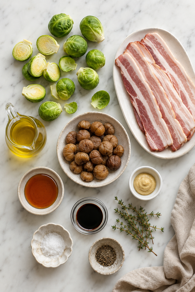 Ingredients for roasted Brussels sprouts with chestnuts and bacon arranged on a white marble countertop