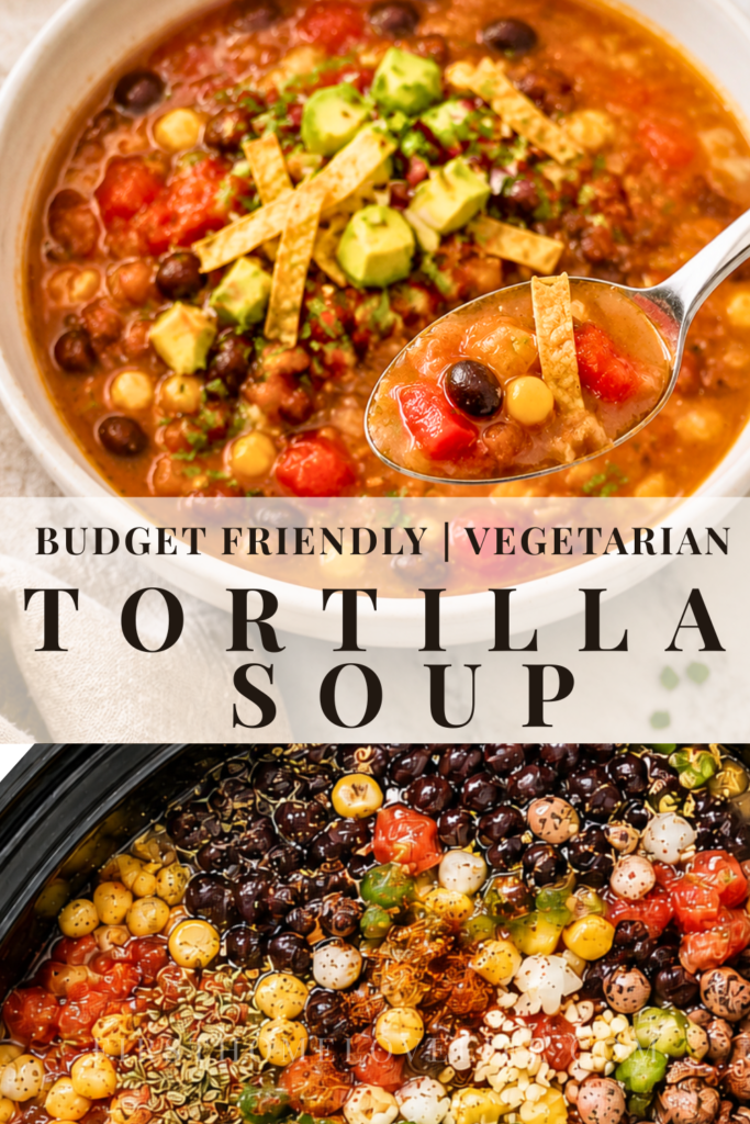 Crockpot vegetarian tortilla soup with black beans, pinto beans, corn, tomatoes, avocado and crispy tortilla strips