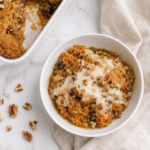 Warm carrot cake cobbler with grated carrots, pecans, gooey brown sugar sauce, and cream cheese drizzle in a white bowl.