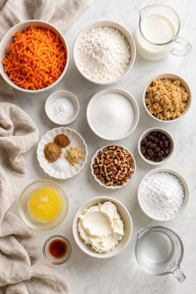 Carrot cake cobbler ingredients arranged on white marble, including grated carrots, flour, brown sugar, cinnamon, pecans, cream cheese, and butter.