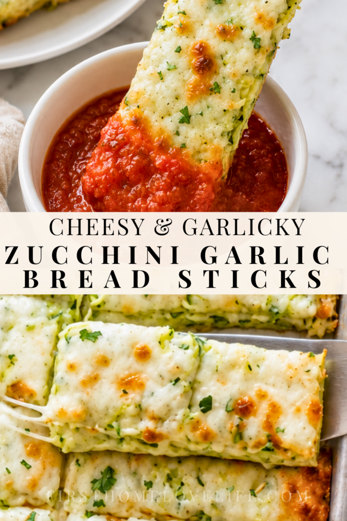 Pinterest pin showing cheesy zucchini garlic breadsticks with melted mozzarella, fresh parsley, a light cheese pull, and marinara sauce for dipping.