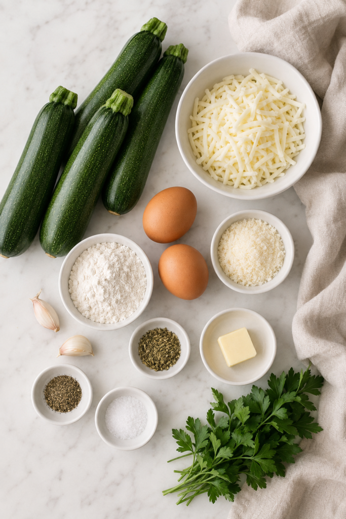Flat lay of cheesy zucchini garlic bread ingredients with fresh zucchini, mozzarella, Parmesan, eggs, flour, garlic, butter, parsley, and seasonings.