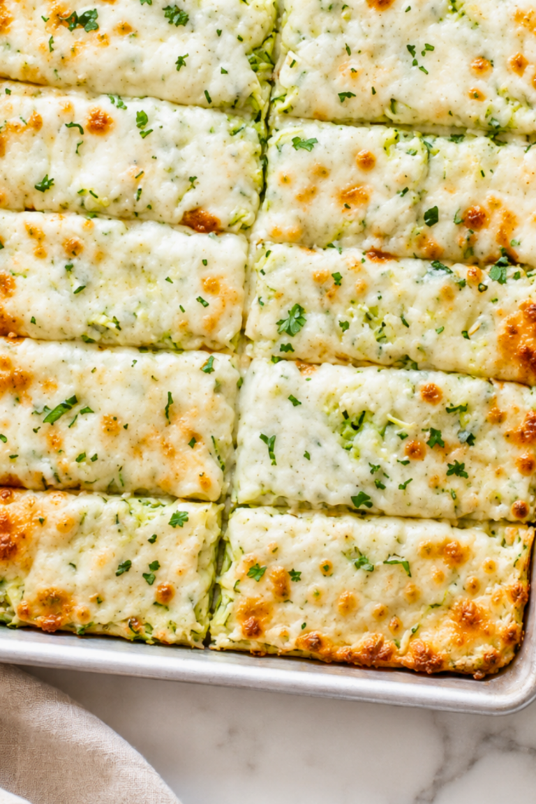 Homemade cheesy zucchini garlic bread cut into breadsticks and topped with melted mozzarella, Parmesan, garlic, and fresh parsley.