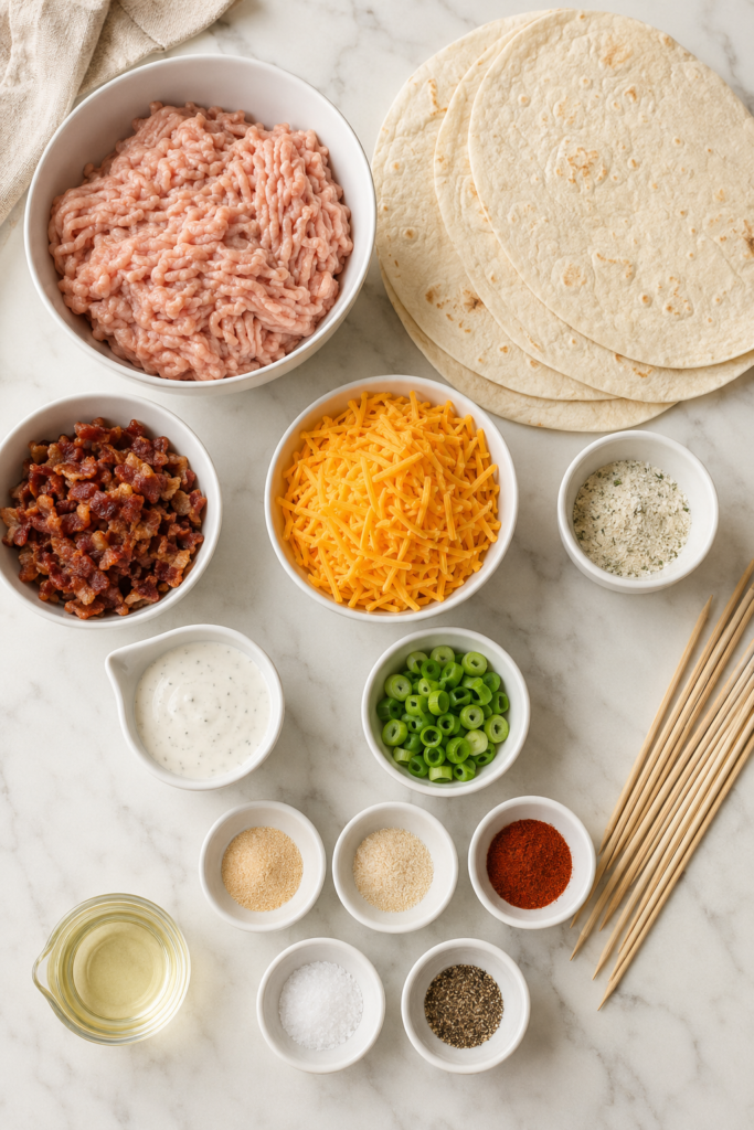 Ground chicken, flour tortillas, cooked bacon, cheddar cheese, ranch seasoning, green onions, ranch dressing, spices, and wooden skewers arranged on white marble.