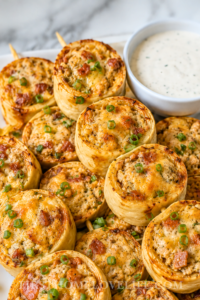 Crispy chicken bacon ranch tortilla pinwheels with ground chicken, bacon, melted cheddar, and green onions served with ranch dressing.