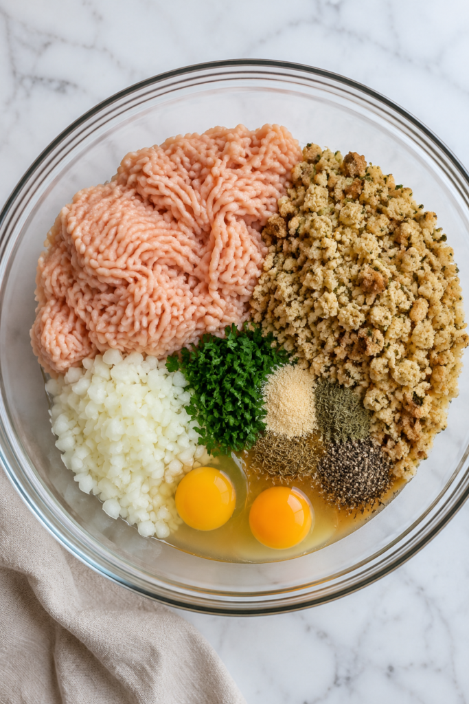 Ground chicken, stuffing mix, eggs, diced onion, fresh parsley, broth, and seasonings in a glass bowl before mixing.