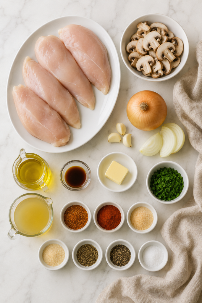 Ingredients for Copycat Applebee’s Bourbon Street Chicken including chicken breasts, mushrooms, onion, garlic, butter, broth and Cajun seasonings.