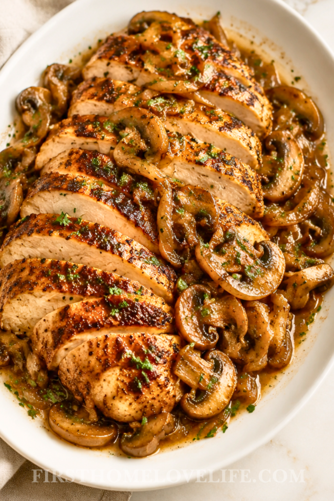 Copycat Applebee’s Bourbon Street Chicken with Cajun-seared chicken, sautéed mushrooms, onions and garlic butter sauce.
