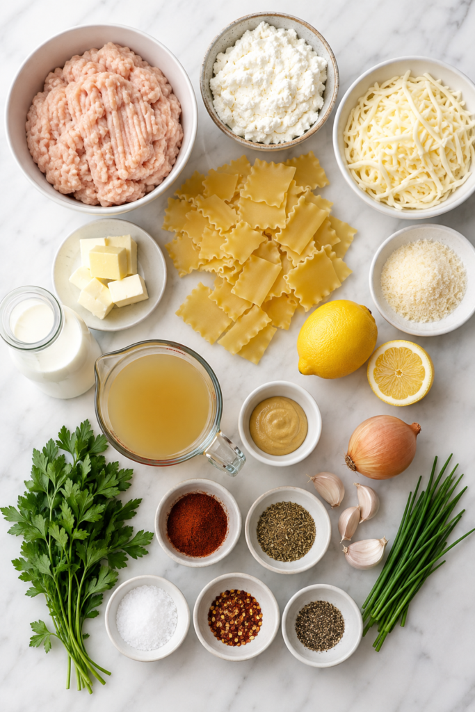Flat lay of ingredients for cowboy butter ground chicken skillet lasagna including ground chicken, lasagna noodles, ricotta, mozzarella, Parmesan, butter, lemon, garlic, herbs, cream, and chicken broth