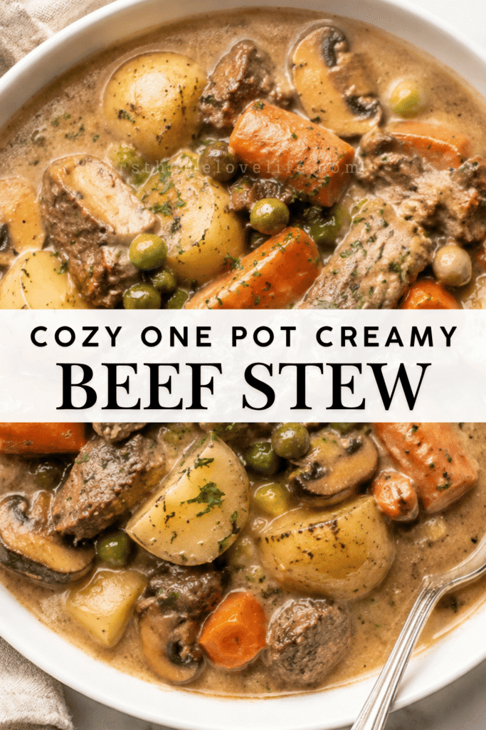 Pinterest image of creamy beef stew with tender beef, potatoes, carrots, mushrooms and peas in a rich gravy