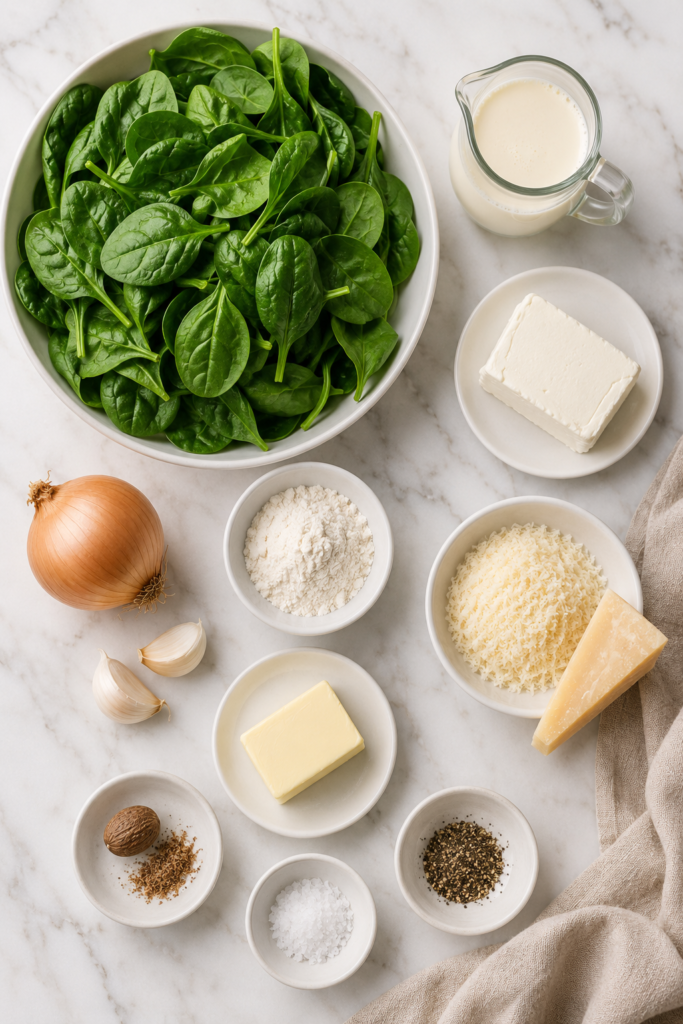 Ingredients for creamed spinach with nutmeg arranged on a white marble counter