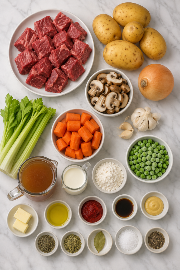 Flat lay of creamy beef stew ingredients including chuck roast, potatoes, carrots, celery, mushrooms, peas, beef broth and heavy cream