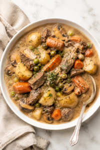 Creamy beef stew with tender beef, potatoes, carrots, mushrooms and peas served in a white bowl with a silver spoon