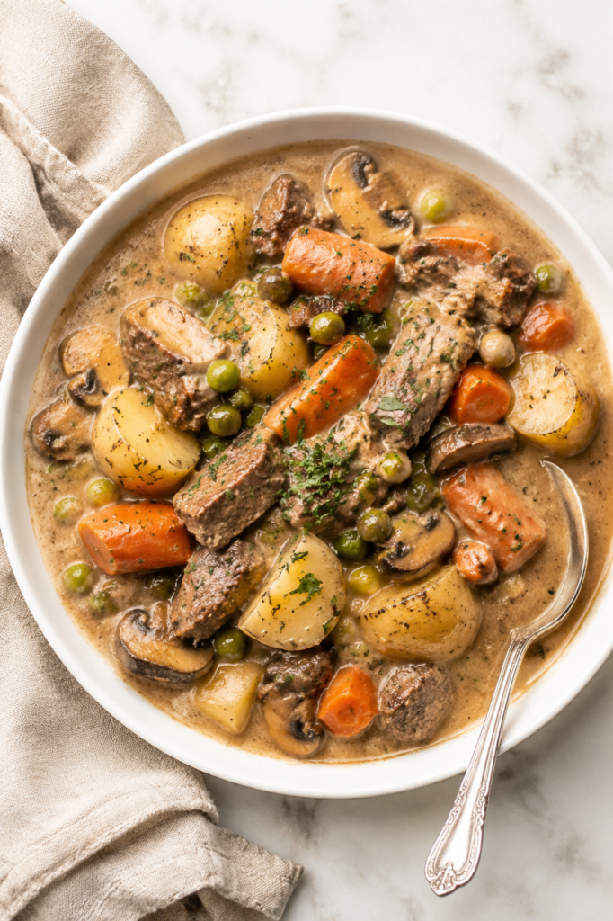 Creamy beef stew with tender beef, potatoes, carrots, mushrooms and peas served in a white bowl with a silver spoon
