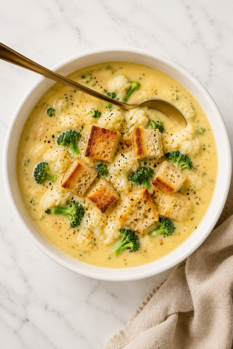Creamy broccoli cauliflower cheese soup topped with golden garlic croutons and freshly cracked black pepper.