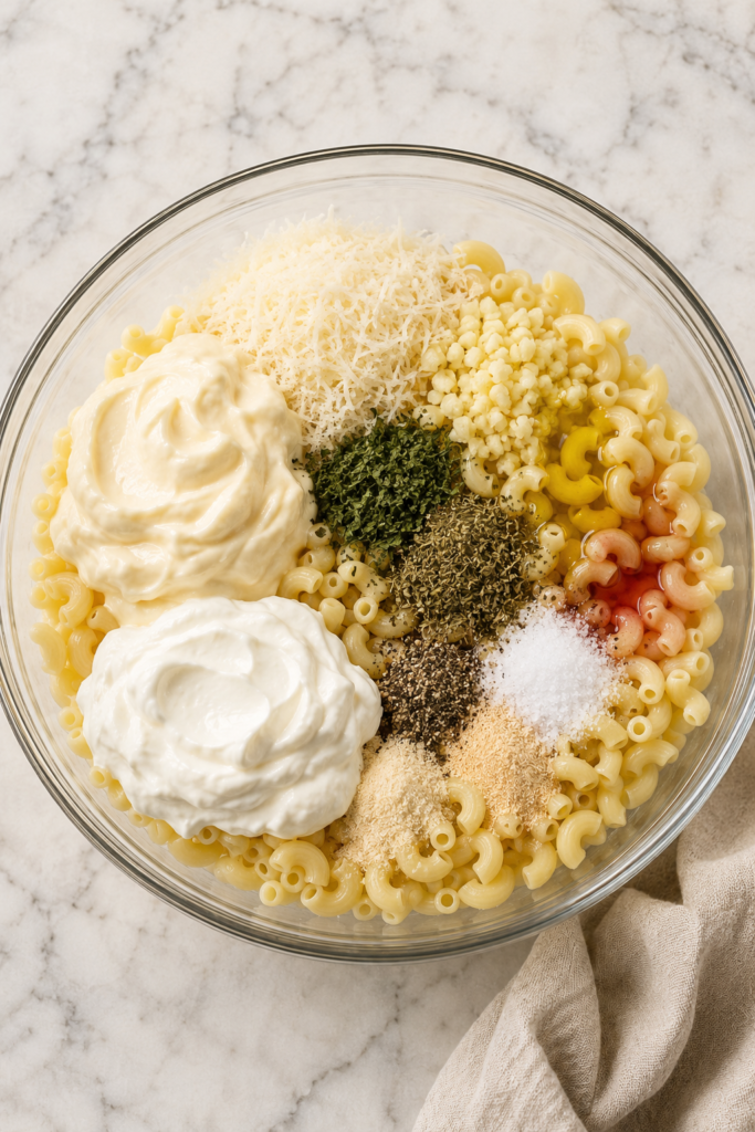 Cooked macaroni topped with mayonnaise, sour cream, Romano cheese, fresh garlic, olive oil, vinegar and seasonings before mixing.
