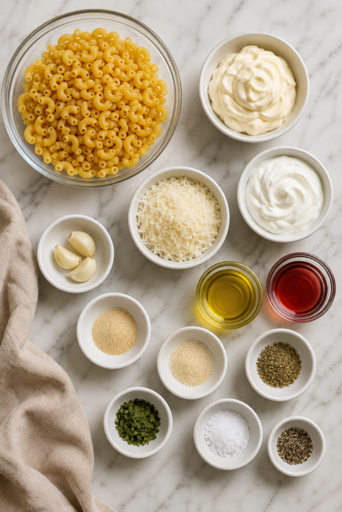 Flat lay of elbow macaroni, mayonnaise, sour cream, Romano cheese, garlic, olive oil, red wine vinegar and seasonings for creamy garlic macaroni salad.