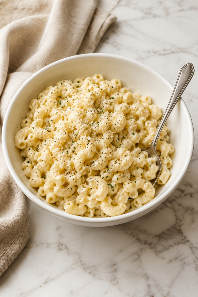 Creamy garlic macaroni salad with Romano cheese, black pepper and parsley served in a white bowl on a marble counter.
