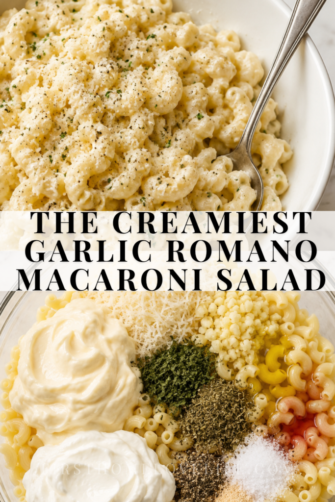 Pinterest pin showing creamy garlic Romano macaroni salad and the pasta ingredients in a bowl before mixing.