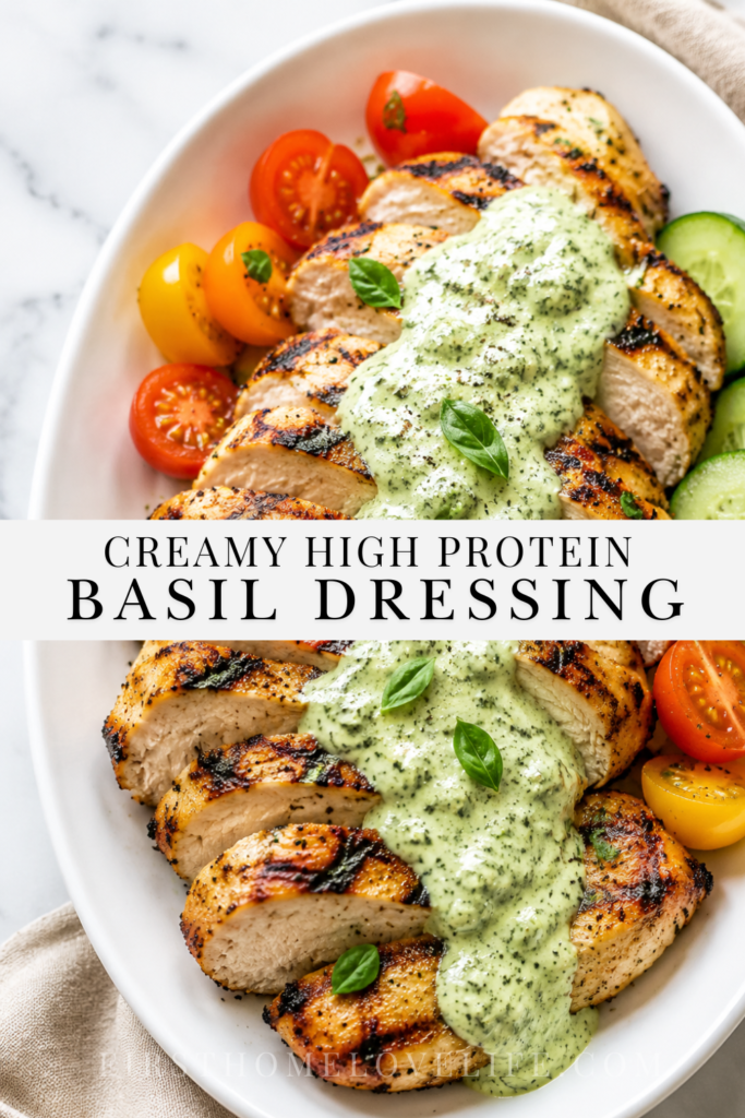 Pinterest pin featuring grilled chicken topped with creamy high-protein basil dressing made with Greek yogurt, garlic, and Asiago cheese.