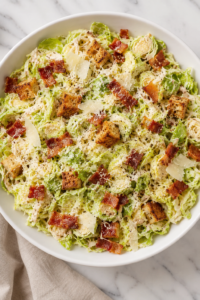 Creamy shaved Brussels sprout Caesar salad topped with crispy bacon, Parmesan cheese, golden croutons, and black pepper in a white bowl.