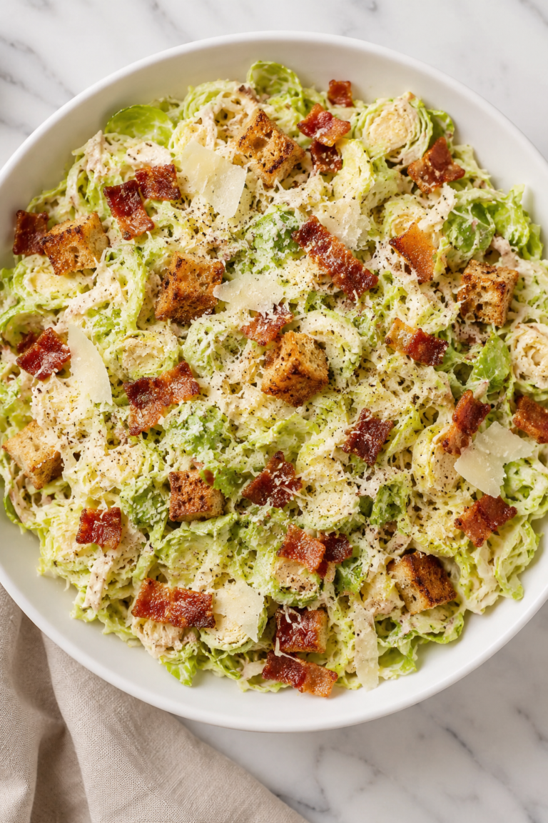 Creamy shaved Brussels sprout Caesar salad topped with crispy bacon, Parmesan cheese, golden croutons, and black pepper in a white bowl.