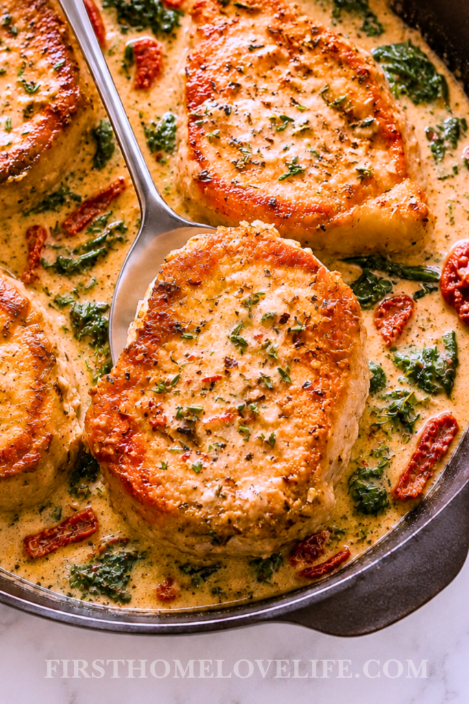 Creamy Tuscan boneless pork chops with spinach and sun-dried tomatoes in a cast-iron skillet