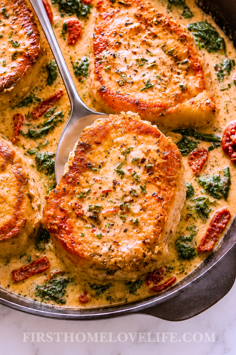 Creamy Tuscan boneless pork chops with spinach and sun-dried tomatoes in a cast-iron skillet