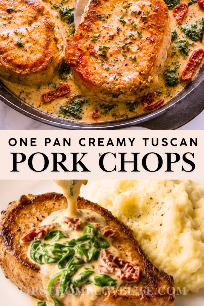Creamy Tuscan pork chop with mashed potatoes and garlic Parmesan sauce being spooned over the top