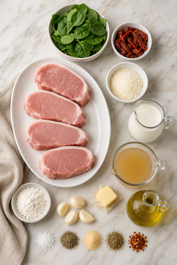 Ingredients for creamy Tuscan pork chops arranged on a white marble counter