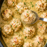 Homemade Crockpot chicken and stuffing meatballs cooked in creamy chicken gravy with fresh parsley.