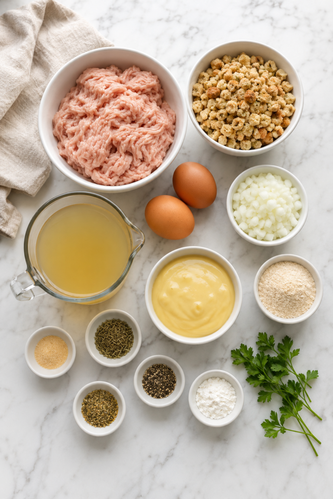 Ingredients for Crockpot chicken and stuffing meatballs with ground chicken, stuffing mix, eggs, onion, seasonings, chicken broth, and cream of chicken soup.