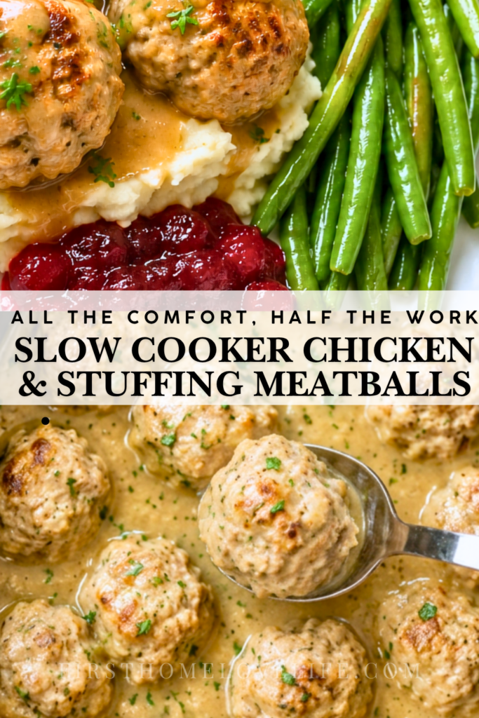 Crockpot chicken and stuffing meatballs with gravy served over mashed potatoes with green beans and cranberry sauce.