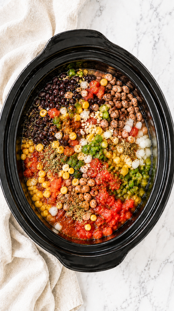Unmixed black beans, pinto beans, corn, tomatoes, peppers, onion and spices in a black Crockpot