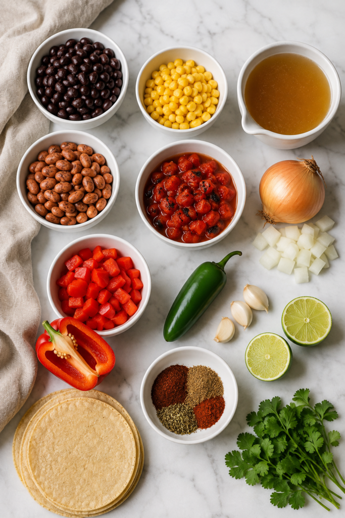 Ingredients for Crockpot vegetarian tortilla soup including beans, corn, tomatoes, broth, peppers, onion, garlic, spices and corn tortillas