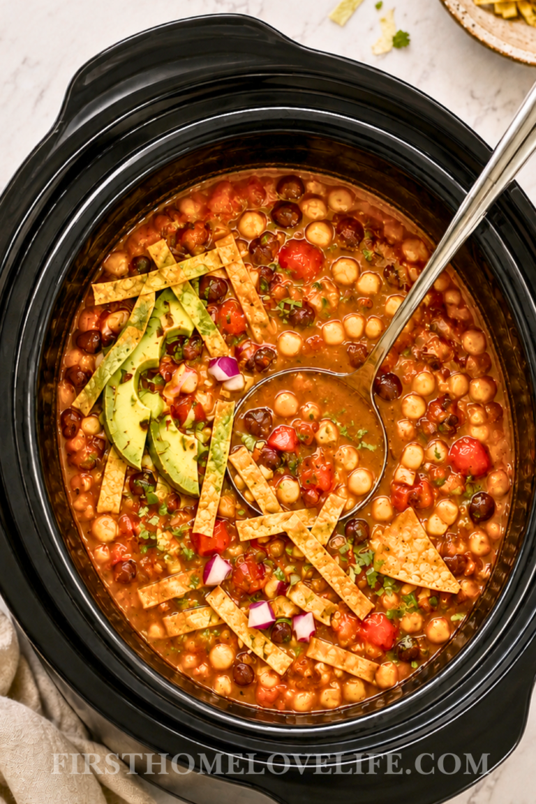 Crockpot vegetarian tortilla soup with beans, corn, tomatoes, avocado and crispy tortilla strips in a black slow cooker