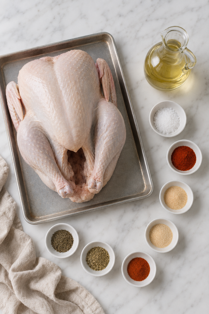 Whole raw turkey with peanut oil and individual bowls of seasonings arranged on a white marble countertop.