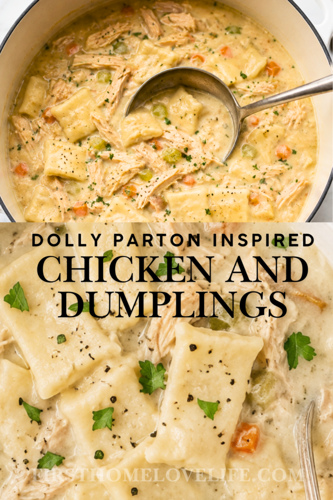 Creamy Dolly Parton-inspired chicken and dumplings with rectangular rolled dumplings in a white Dutch oven with a silver ladle