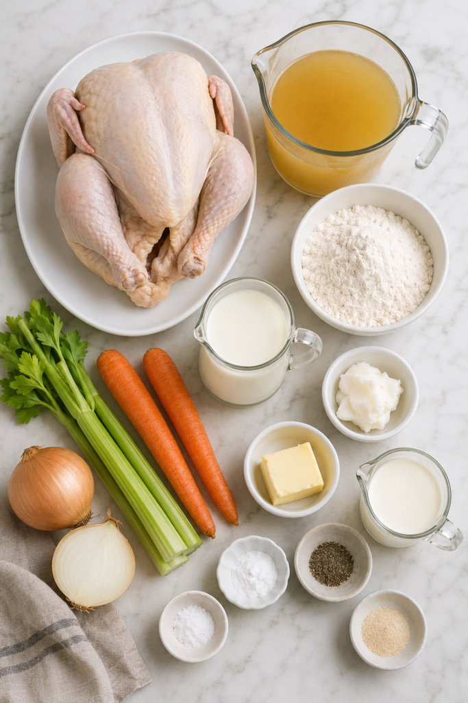 Ingredients for Dolly Parton-inspired chicken and dumplings including a whole chicken, flour, milk, broth, vegetables, butter, and shortening
