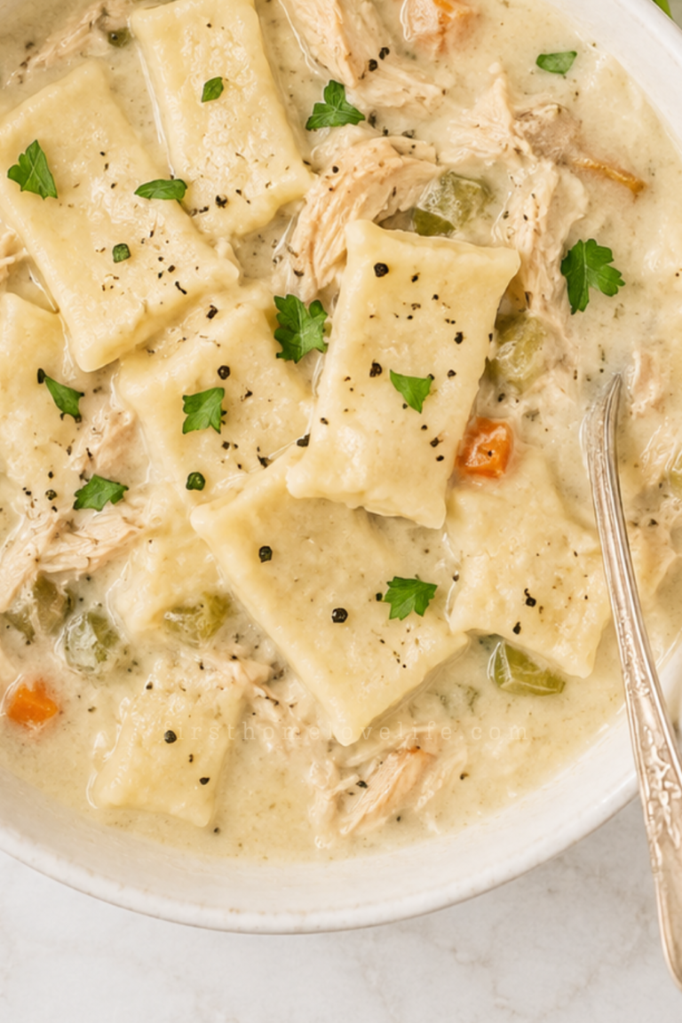 Creamy Dolly Parton-inspired chicken and dumplings with shredded chicken and homemade rectangular rolled dumplings