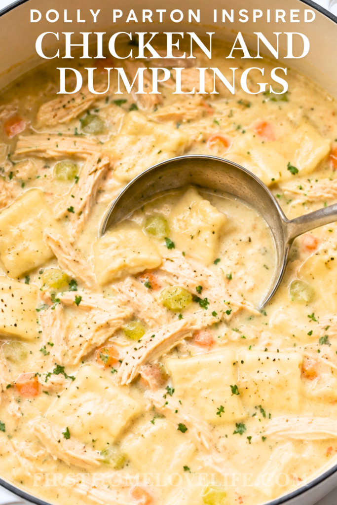 Dolly Parton-inspired chicken and dumplings with shredded chicken, creamy broth, vegetables, and homemade rectangular dumplings