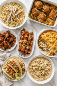 Bird’s-eye flat lay of easy chicken dinner recipes including creamy chicken pasta, baked chicken, chicken wings, chicken skewers, casserole, tacos, and creamy slow cooker chicken.