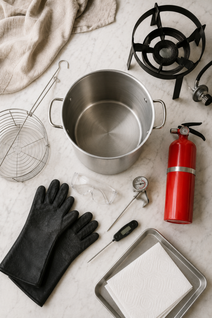 Turkey-frying equipment arranged on white marble, including a fryer pot, burner, thermometers, protective gloves, safety glasses and fire extinguisher.