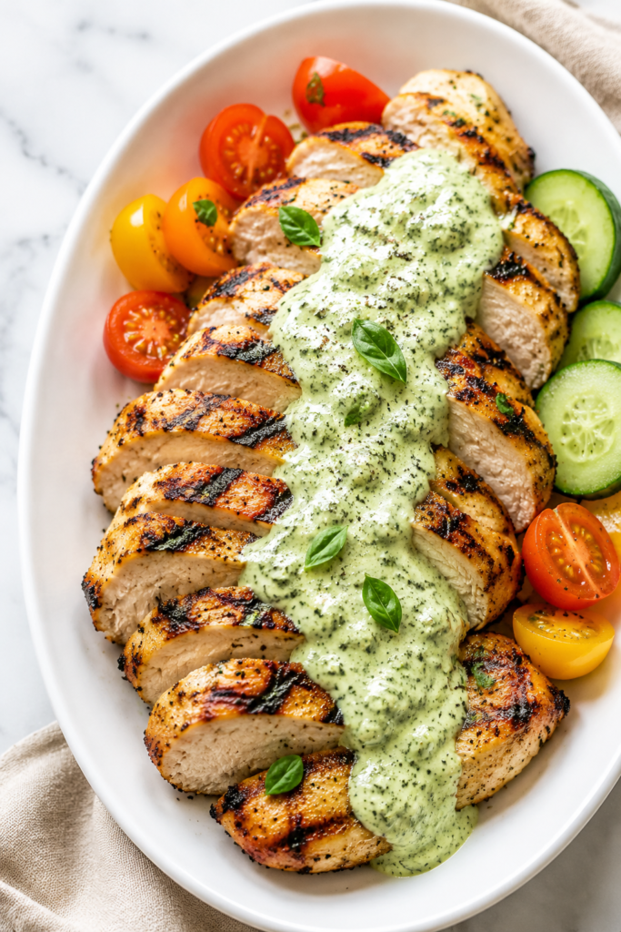 Sliced grilled chicken topped with creamy garlic basil dressing and served with cherry tomatoes and cucumbers.