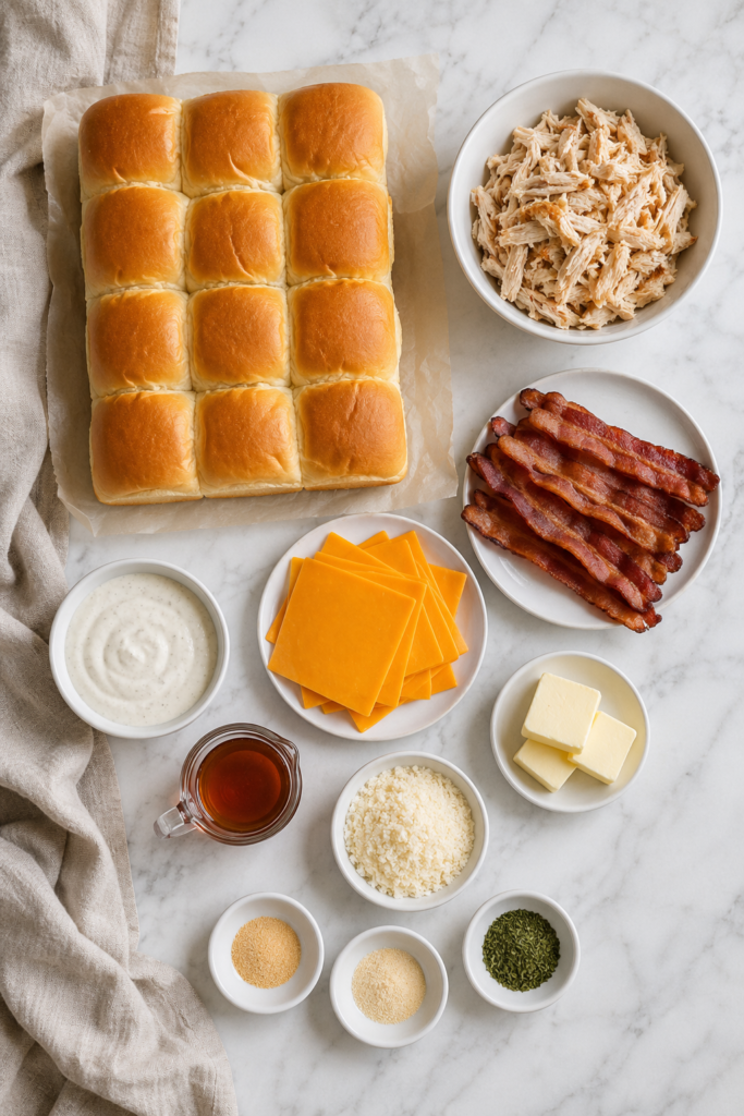 Ingredients for hot honey chicken sliders including Hawaiian rolls, shredded chicken, bacon, ranch, cheddar and hot honey.