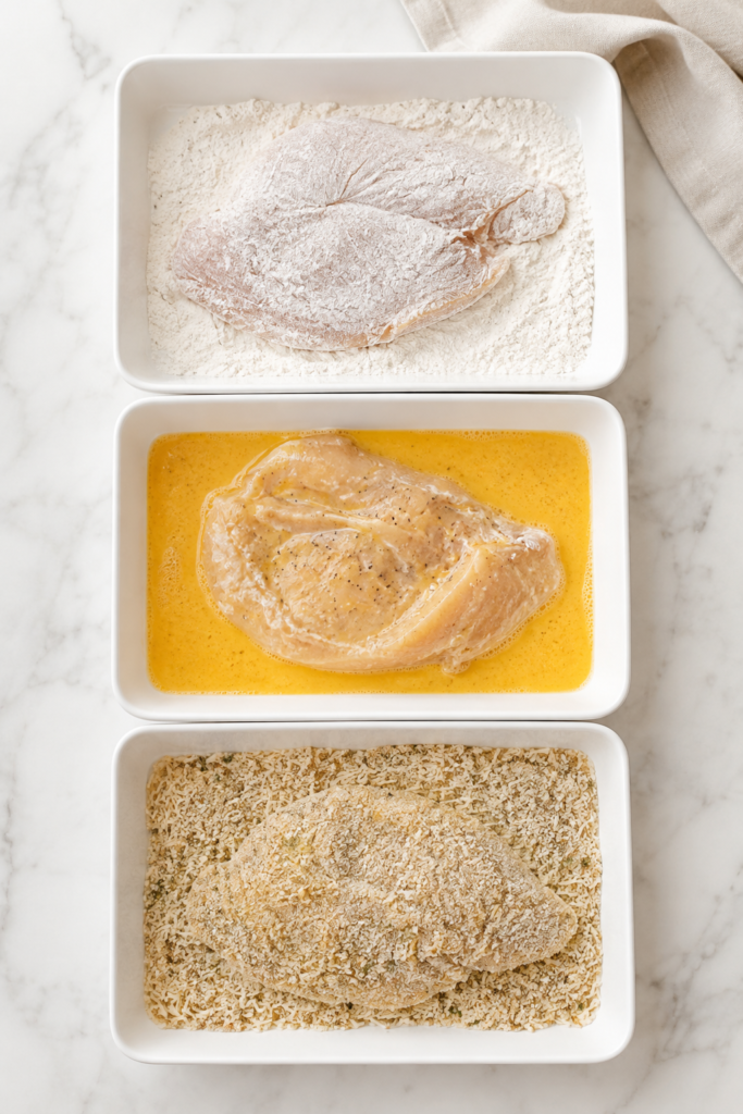Chicken cutlets coated in flour, beaten egg, and Parmesan breadcrumbs for homemade Olive Garden chicken parmigiana.