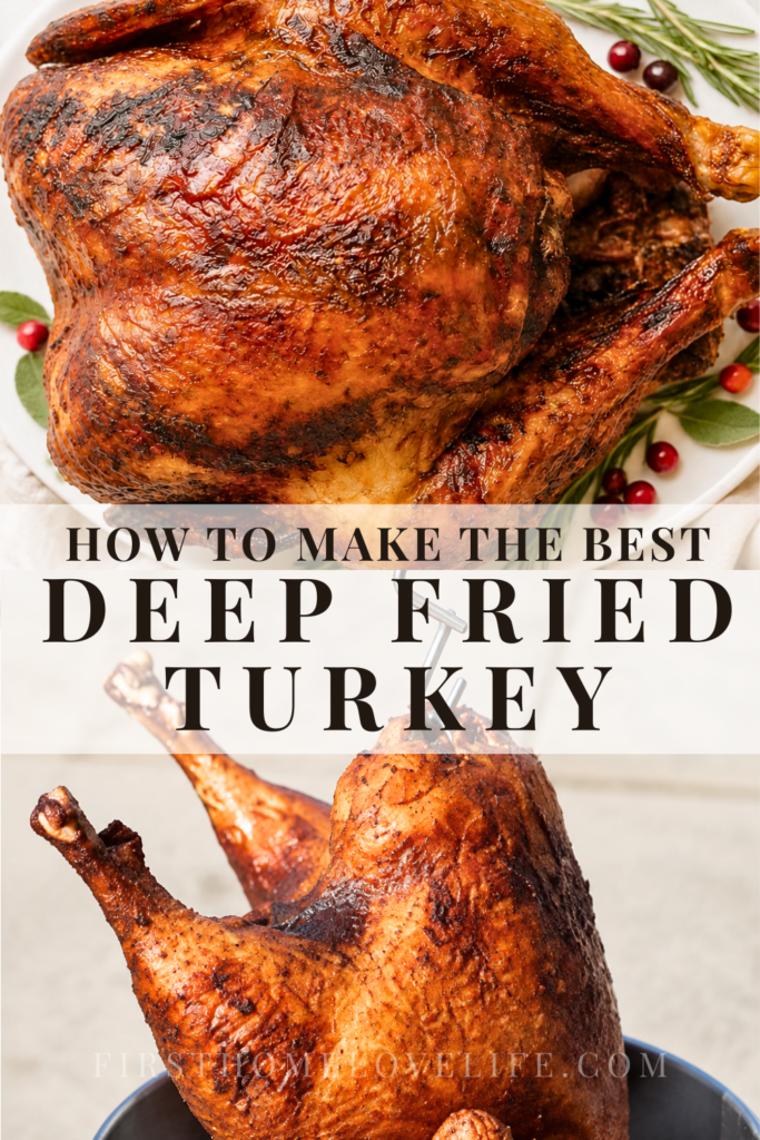 Pinterest collage showing a crispy deep-fried Thanksgiving turkey on a platter and being lifted from an outdoor fryer.