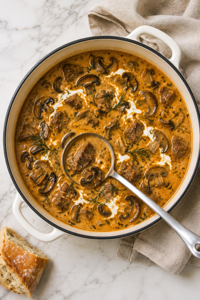Creamy Hungarian steak and mushroom soup with paprika, sour cream and dill in a white enamel pot with a silver ladle.