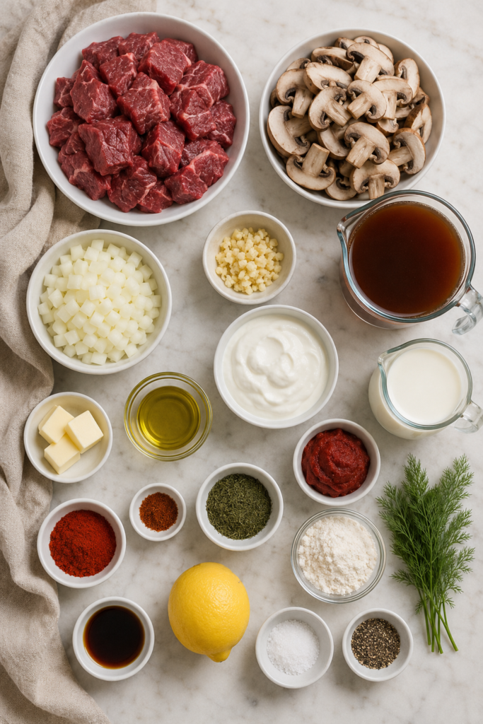 Flat lay of Hungarian steak and mushroom soup ingredients including beef, mushrooms, paprika, sour cream, dill, onion and beef broth.